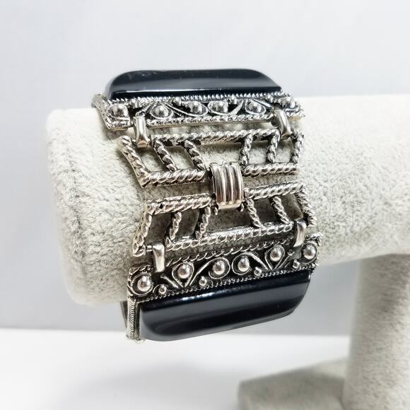 Vintage Selro Style Bracelet, Raised Lucite Black Panels, Chunky Wide - Picture 3 of 10